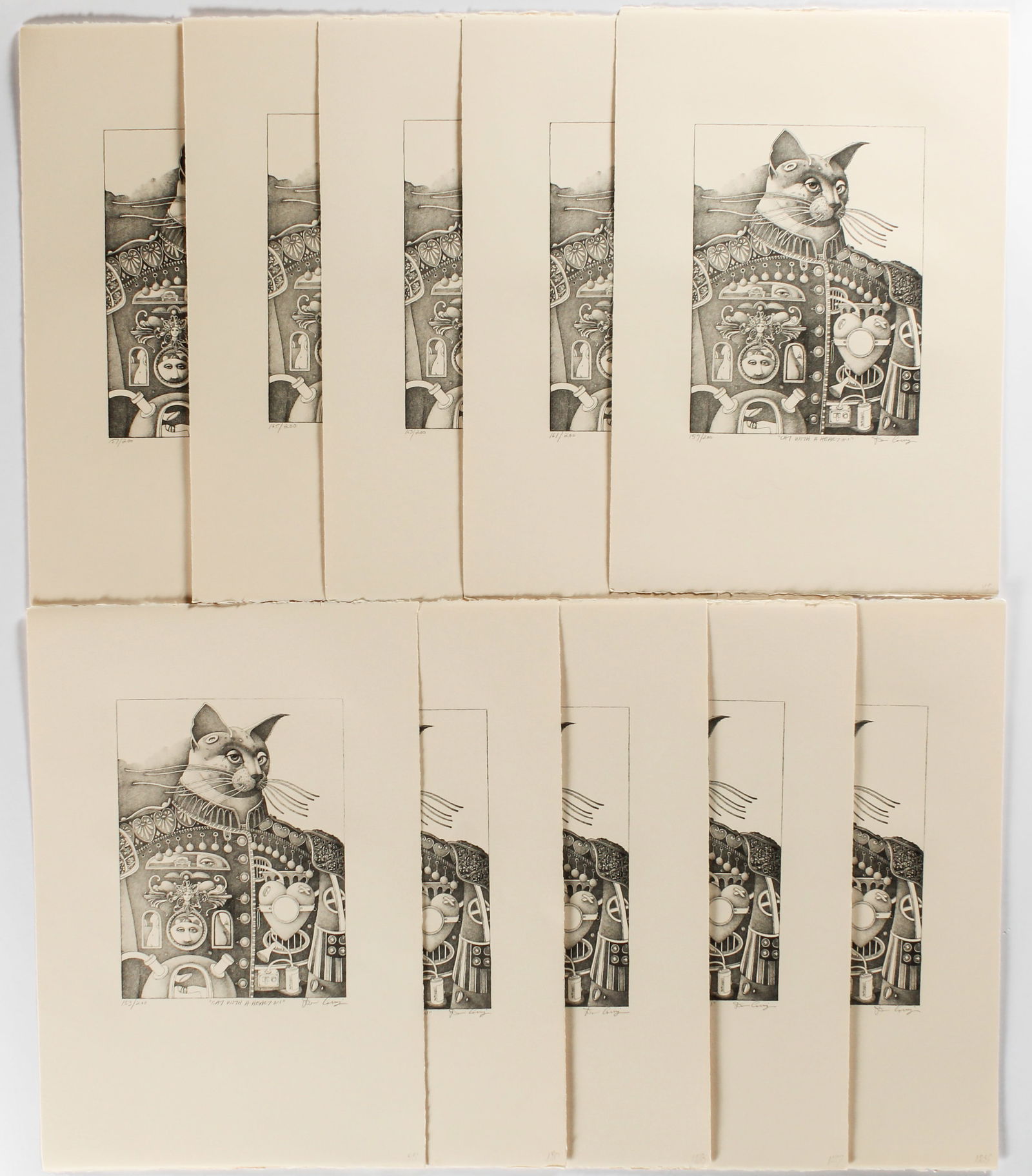 Dennis Corrigan (American, B. 1979) 10 Lithographs, Cat with a Heart On, Art (1 of 3)