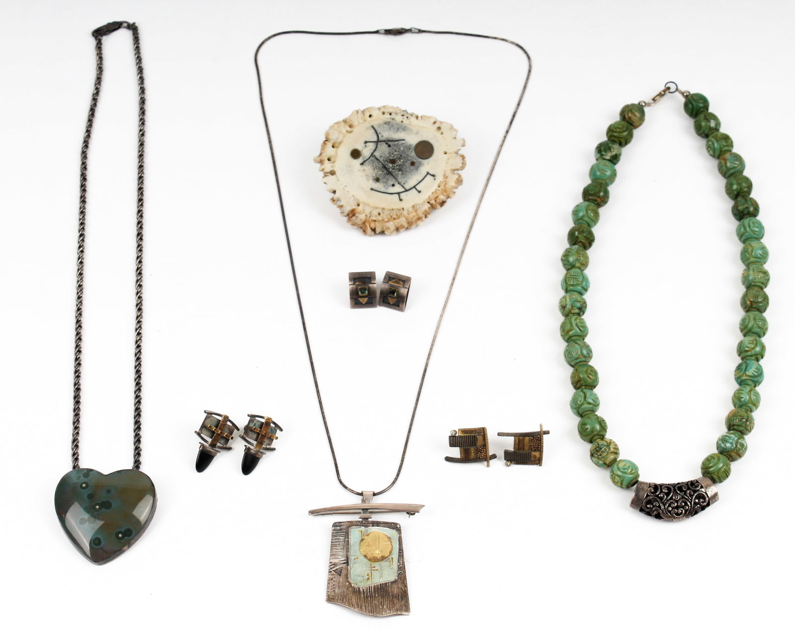 Three Pairs of Artisan Earrings, Three Necklaces Incl. Mary Rogers, Belt Buckle, some with 22k and (1 of 7)