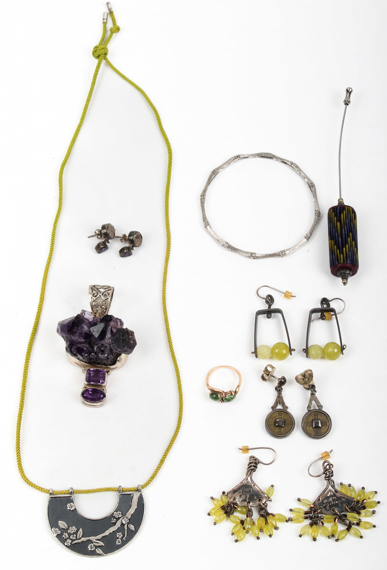A Necklace, Amethyst Pendant, Bracelet, Stick Pin, Three Pairs of Earrings and a 10k Gold and Jade (1 of 7)