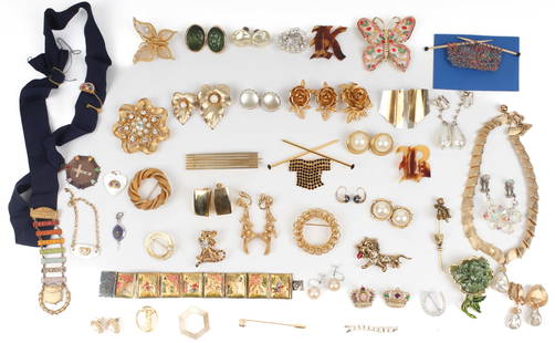 Vintage Fashion Jewelry, Including Sarah Coventry, Jomaz, Monet and Richelieu: Description: A large assortment of vintage fashion jewelry, including one necklace, 17 pairs of earrings (one pair marked 14k), 21 brooches, 2 stick pins, Persian handpained mother of pearl story brac