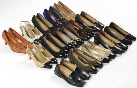 Vintage Designer Womens Shoes Including Salvatore Ferragamo, Jimmy Choo, Charles Jourdan, Tod's: Description: Fifteen pairs of vintage ladies' designer shoes, including flats & high heels, most by Salvatore Ferragamo. Type: Shoe Materials: Leather, suede Markings & Inscriptions: MarkedDate: Late