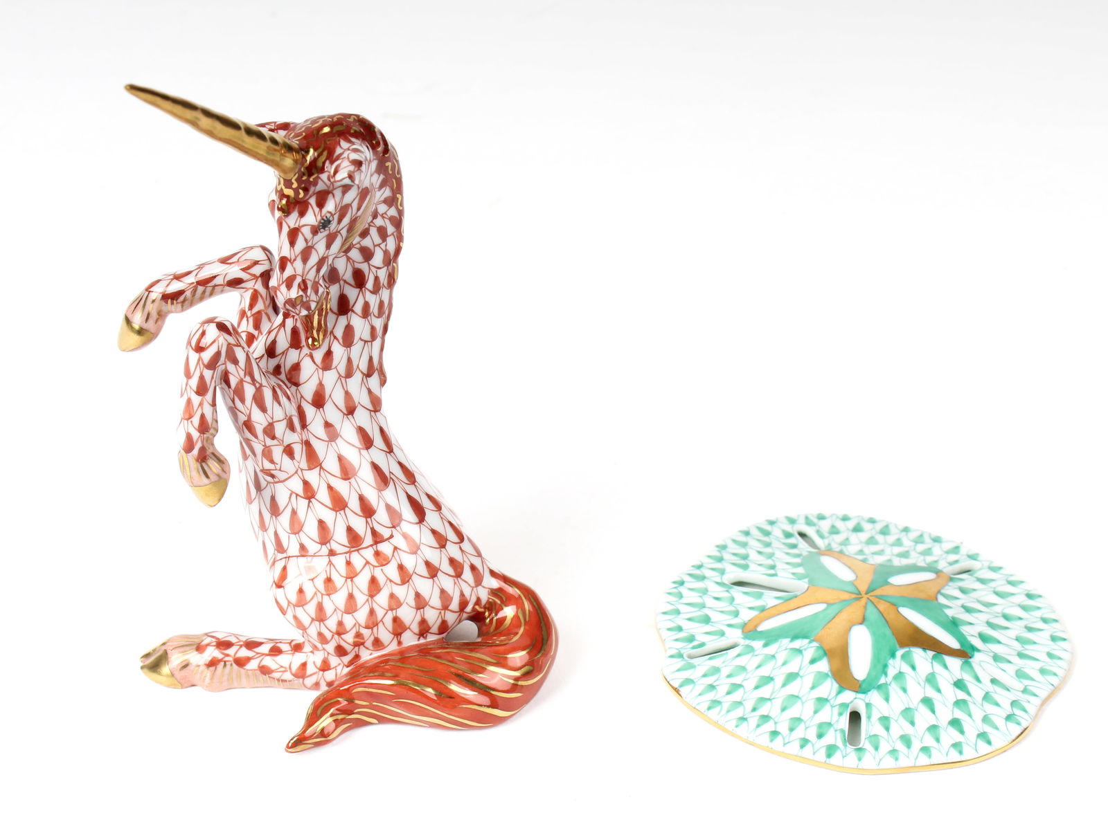 Herend Porcelain Rust Fishnet Unicorn and Green Fishnet Sand Dollar Figurines (1 of 5)