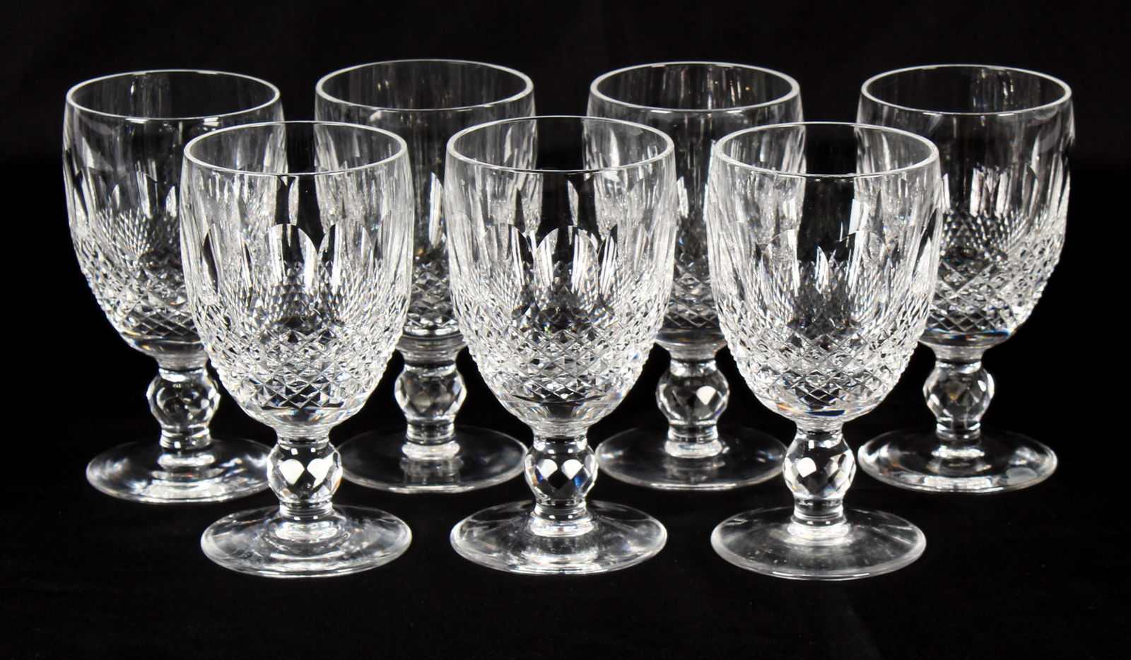 Seven Waterford "Colleen" Cut Crystal Claret Wine Goblets: Description: A group of seven Waterford claret wine goblets in the Colleen pattern.Type: Wine goblet, stemMaterials: Crystal, glassMarkings & Inscriptions: Marked.Date: Mid to late 20th centuryMaker: