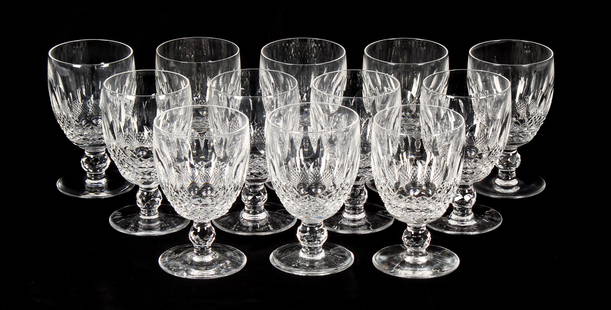 Twelve Waterford "Colleen" Cut Crystal Water Goblets: Description: A group of twelve Waterford cut crystal goblets in the Colleen pattern.Type: Goblet, stemMaterials: Crystal, glassMarkings & Inscriptions: MarkedDate: Mid to late 20th centuryMaker: Water