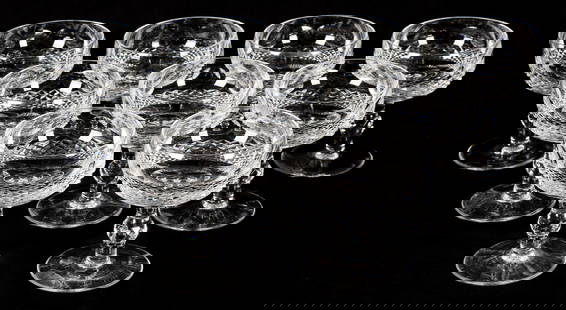 Nine Waterford "Colleen" Cut Crystal Footed Champagne Coupe Glasses: Description: Nine Waterford crystal champagne coupes in the Colleen pattern. Type: Champagne coupe, stem Materials: Crystal, glassMarkings & Inscriptions: MarkedDate: Mid to late 20th centuryMaker: Wa