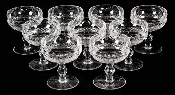 Nine Waterford "Colleen" Cut Crystal Footed Champagne Coupe Glasses: Description: Nine Waterford crystal champagne coupes in the Colleen pattern. Type: Champagne coupe, stem Materials: Crystal, glassMarkings & Inscriptions: MarkedDate: Mid to late 20th centuryMaker: Wa