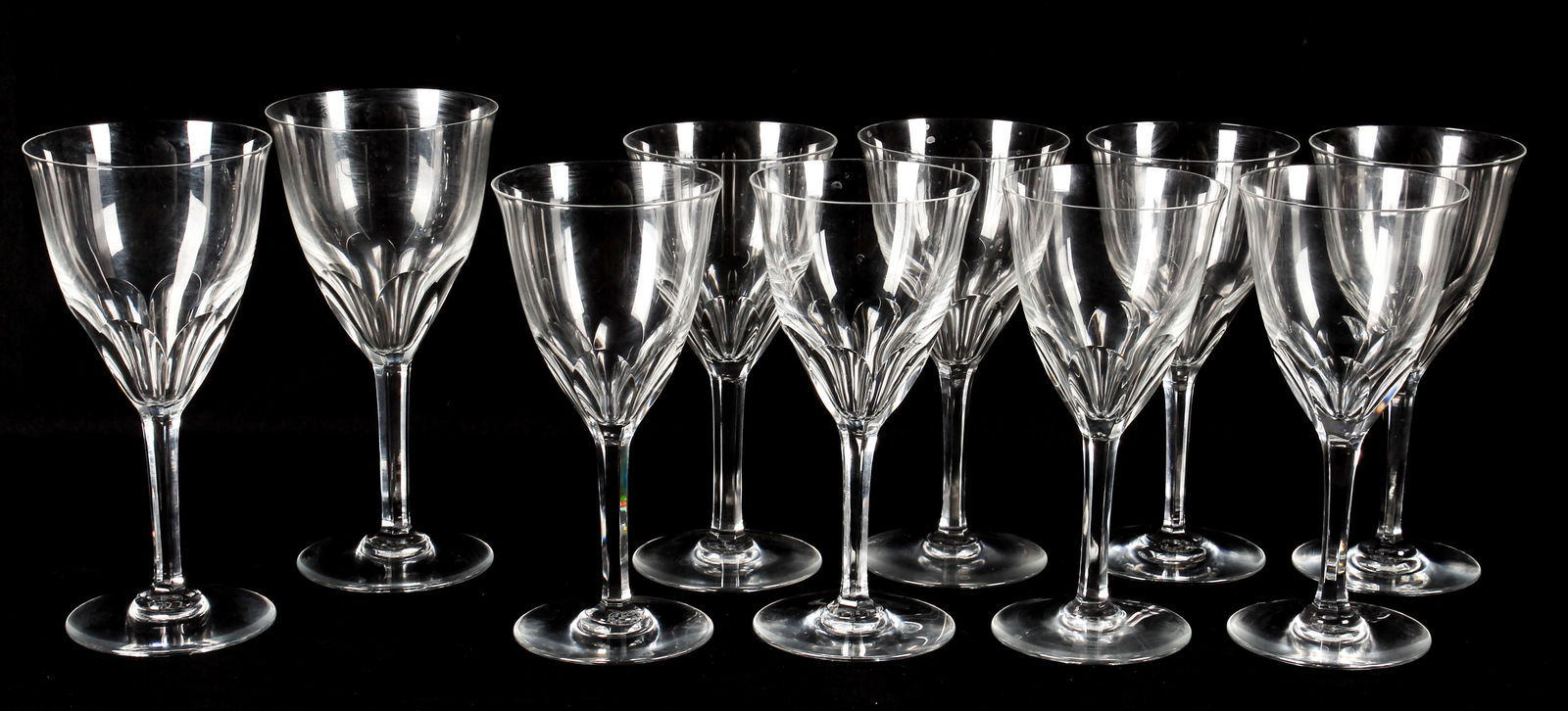 Baccarat Zurich, Eight Claret Wine Stems, Two Water Goblets: Description: Eight Baccarat claret wine stems and two larger goblets in the Zurich pattern.Type: Water goblet, stemMaterials: Crystal / glassMarkings & Inscriptions: Marked Date: Mid to late 20th cent