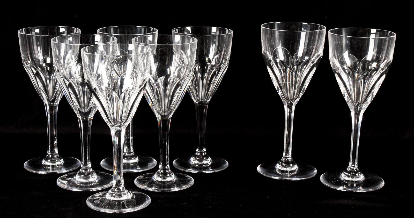 Saint Louis Crystal Bristol Burgundy Wine, Continental Goblet Stems: Description: A group of six Saint Louis crystal burgundy wine stems and two continental goblet stems in the Bristol pattern.Type: Goblet, stemMaterials: GlassMarkings & Inscriptions: Marked Date: Mid