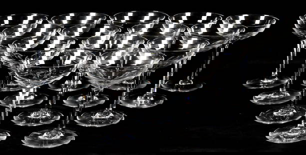 Fourteen Baccarat Crystal Zurich Champagne Coupes: Description: Fourteen Baccarat crystal champagne coupes in the Zurich pattern.Type: Champagne coupe, stemMaterials: Crystal / glassMarkings & Inscriptions: MarkedDate: Mid to late 20th century Maker: