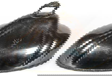 Large Gorham Russian Imperial Eagle Silver Soldered Food Dome: Description: A large Gorham Co. ornate shell motif handled food dome. The prominent Russian Imperial Eagle crest mark is above a gradooned rim. Type: Food dome Materials: Metal, silver solder Markings