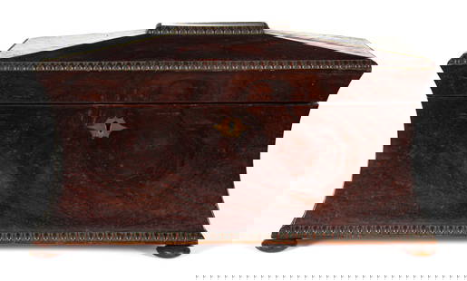 English Regency Mahogany Sarcophagus Tea Caddy: Description: A 19th century English Regency mahogany sarcopohagus tea caddy with glass insert. Type: Tea caddy, box Materials: Mahogany, glass Markings & Inscriptions: Unmarked Date: Early 19th centur