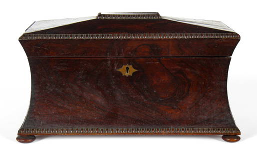 English Regency Mahogany Sarcophagus Tea Caddy: Description: A 19th century English Regency mahogany sarcopohagus tea caddy with glass insert. Type: Tea caddy, box Materials: Mahogany, glass Markings & Inscriptions: Unmarked Date: Early 19th centur