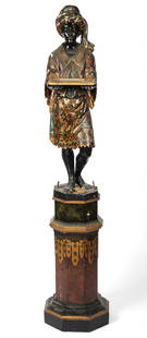 Italian Polychrome Blackamoor Carved Standing Figure: Description: A large carved and polychromed Venetian blackamoor figure on a pedestal base. Type: Figural carving, sculptureMaterials: Wood, plaster, paintMarkings & Inscriptions: UnmarkedDate: Early t