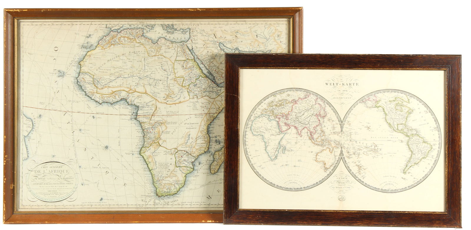 Two Maps, Africa by Eustache Herisson, 1809, World Hemispheres 1832 Reprint after A.H Brue, German (1 of 7)