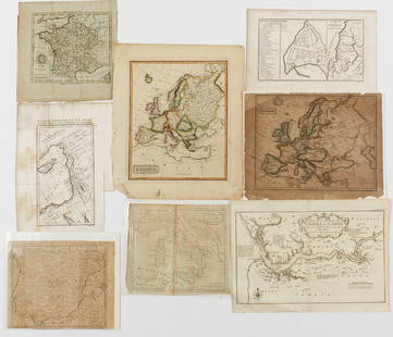 Eight Antique Maps, Mostly Europe: Description: A group of antique maps including an 18th century map of Spain and Portugal by Thomas Jefferys, a ca. 1800 map of Italy from the Guthrie atlas, an early 19th century Henry Schenck Tanner