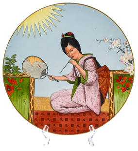 Villeroy & Boch Mettlach Japanesque Charger: Description: A ceramic charger with a hand painted depiction of a lady smoking an opium pipe and holding a fan, between two painted screen panels depicting poppies. Type: Charger, plate Materials: Cer