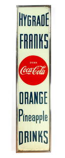 1950s Coca-Cola & Hygrade Franks Hot Dogs Advertising Sign: Description: A large five foot tall 1950s sign from a restaurant or diner featuring Coca-Cola & Hygrade Franks advertising. Hygrade Food Products Co. was the creator of "Ball Park Franks," the leading