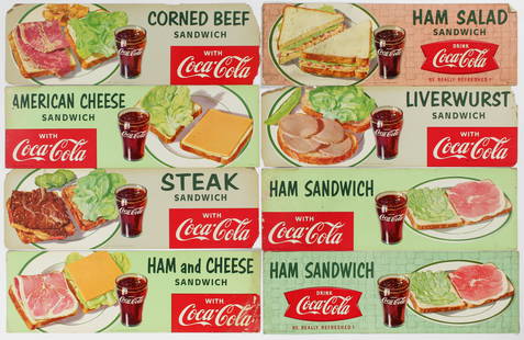 Eight 1950s Coca-Cola Diner Advertising Signs, Sandwiches: Description: A goup of eight Coca-Cola diner advertising signs on carboard ca. 1950s from a Manhattan diner, promoting various sandwiches.Type: AdvertisingMaterials: CardboardMarkings & Inscriptions: