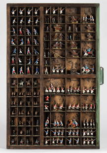 Vintage Lead Toy Soldiers & Display: Description: A group of vintage painted lead toy soldiers, primarily from the Napoleonic Wars period, arranged for display in a vintage letterpress drawer.Type: Toy soldiersMaterials: Lead, wood Marki