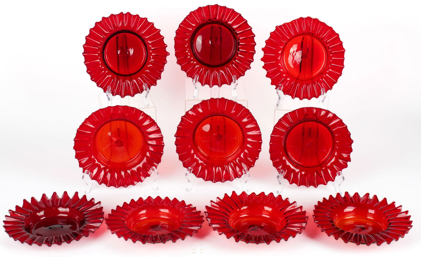 Ten Victorian Blown Ruby & Amberina Glass Ruffled Rim Dishes (1 of 3)