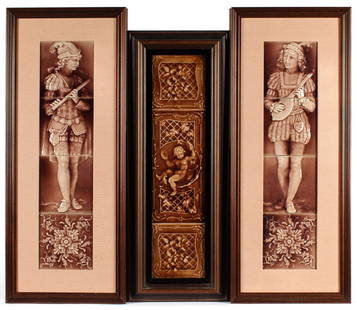 Three Trent Tile Co. Encaustic Tile Plaques Ca. 1900: Description: Three Victorian Trent Tile Co. encaustic tile plaques including a four-tile lute player plaque, a four-tile flute player plaque, and a three-tile cherub plaque. Type: Plaque Materials: Gl