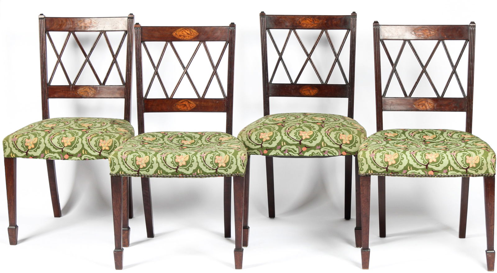 Four Antique Sheraton Marquetry Inlaid Conch Shell Mahogany Lattice Back Chairs (1 of 15)