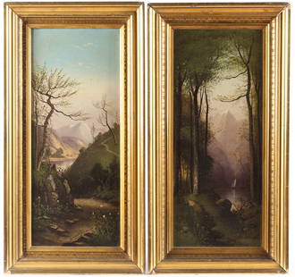 Two Hudson River School Oil on Panel Landscape Paintings Ca. 1900: Description: Two antique Hudson River School landscape paintings in period giltwood frames.Title: Untitled Type: PaintingMaterials: Oil on panelMarkings & Inscriptions: Unsigned Date: Late 19th / earl