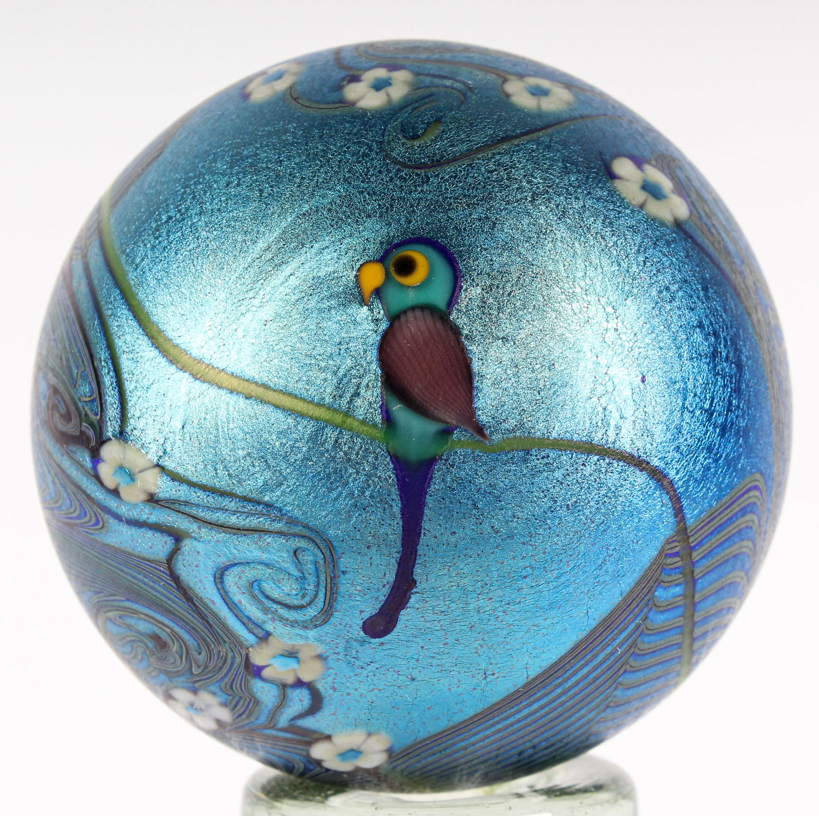 Orient & Flume Iridescent Pulled Feather, Star Pistil Flower, Vines and Perched Parrot Art Glass (1 of 5)