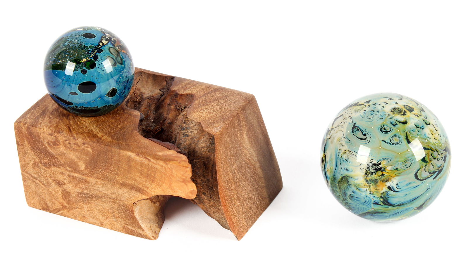 Two Josh Simpson (American, B. 1949) Inhabited Planet Art Glass Marble Paperweights (1 of 8)
