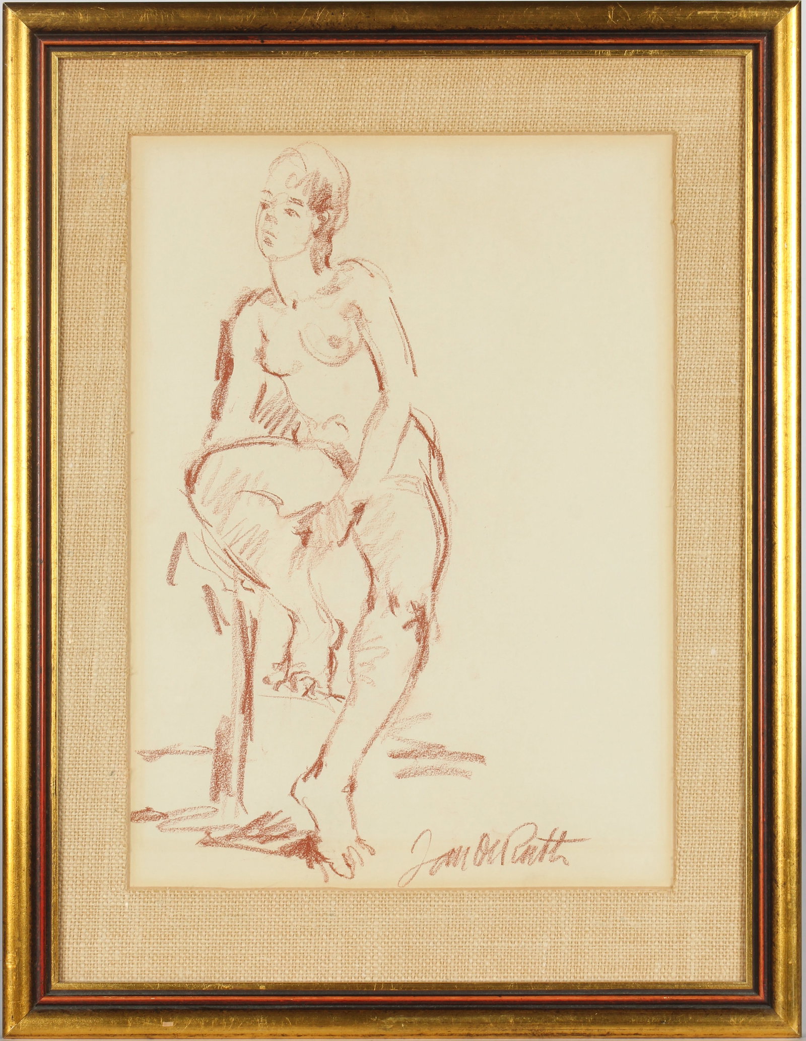Jan De Ruth (Czech/American 1922-1991) Nude, Drawing: Description: An original crayon nude drawing depicting a seated young woman. Title: UntitledType: DrawingMaterials: Crayon on paper Markings & Inscriptions: Signed bottom rightDate: Mid 20th century M