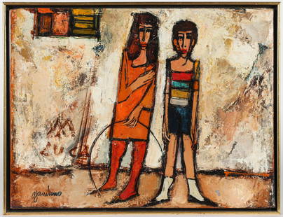 Giuseppe Gambino (Italian, 1928-1997) Two Children, Oil on Canvas Painting: Description: A mid century Italian oil on canvas painting depicting a boy and a girl the girl holding a hoop.Title: UntitedType: PaintingMaterials: Oil on canvasMarkings & Inscriptions: Sipgned bottom