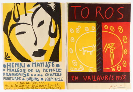 Pablo Picasso & Henri Matisse, Two 1950s Exhibition Posters: Description: Two 1950s lithographic exhibition posters including an Henri Matisse exhibition poster for a 1950 Paris exhibiition, printed by Mourlot, and a plate signed Picasso exhibition poster for a