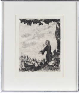 Marc Chagall (1887-1985) Etching, The Bible Etchings, Moses Saved From the Water of the Nile: Description: An etching on paper from The Bible Etchings (1956) depicting Moses being saved from the Nile.Title: Mo?se Sauv? des Eaux (Moses Saved from the Water) Type: EtchingMaterials: PaperMarkings
