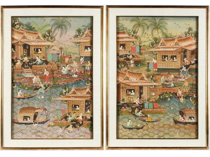 Two Thai Gouache on Canvas Paintings, Maitree Kanjanamai, Parish-Hadley: Description: Two signed gouache paintings by Maitree Kanjanamai depicting riverside village scenes, selected for interior decoration by the Parish-Hadley interior design firm.Title: Thai Life StoryTyp