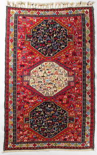 Turkish Kilim Animal Decorated Flatweave Rug, 6' 10" x 4' 2": Description: A Turkish Kilim rug with three central medallions and all-over bird & animal symbol decoration. Type: RugMaterials: Wool Markings & Inscriptions: Unmarked Date: Mid to late 20th centuryMa