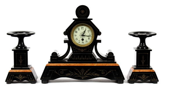 19th Century Slate & Marble Mantel Clock Garniture: Description: A late 19th century continental slate & orange marble mantel clock wih circular dial, accompanied by two associated slate candle holders.Type: Mantel clock, garniture Materials: Slate, ma