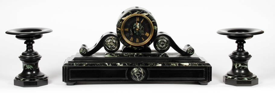 19th Century Slate & Marble Mantel Clock Garniture: Description: An antique slate mantel clock & garnitures with green marble accents.Type: Mantel clock, garniture Materials: Slate, marbleMarkings & Inscriptions: UnmarkedDate: Late 19th centuryMaker: C