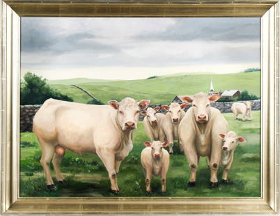 Karen D'Allaird (Pennsylvania, Contemporary) Large Oil on Canvas Painting, British White Cattle in a: Description: A large oil on canvas painting depicting "British Whites" polled cattle or cows in an English countryside field. Type: Painting Materials: Oil on canvas Markings & Inscriptions: Signed &