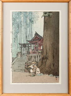 Hiroshi Yoshida (Japanese, 1876-1950) "Misty Day in Nikko" Signed Woodblock Print: Description: A signed color woodblock print titled "Misty Day in Nikko" depicting a wooded temple, with jizura seal in the upper left margin, red Hiroshi seal lower right.Type: Woodblock printMaterial