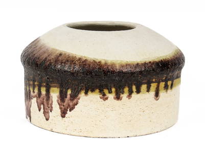 Marcello Fantoni (Italian, 1915-2011) for Raymor, Signed Mid-Century Lava Drip Glaze Art Pottery: Description: A Mid-Century Modern art pottery vessel signed "Marcello Fantoni for Raymor," the vase or vessel of circular form with a light to dark faded purple drip glaze over an off-white textured g