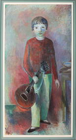 Josef Kienlechner (Attr.) Boy with Mandolin, Large Oil on Canvas Portrait Painting, Mid Century (1 of 7)