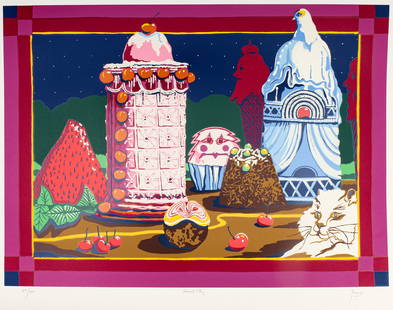 Peter Paone (American, B. 1936) Sweet City, Serigraph: Description: A surreal or absurdist serigraph depicting various fuits, candies and confections as elements of a city.Title: Sweet City Subject: Architectural Type: Serigraph Materials: Wove paper 