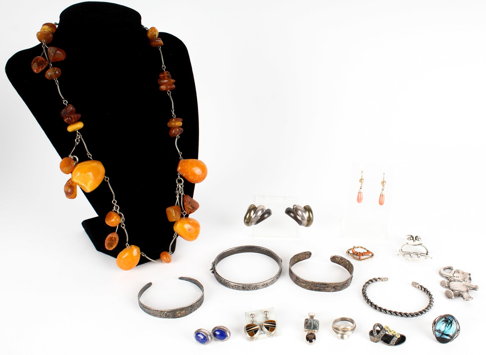 Vintage Silver and Gold Jewelry, Bracelets, Earrings, Brooches, Pendant, and Amber Necklace (1 of 12)