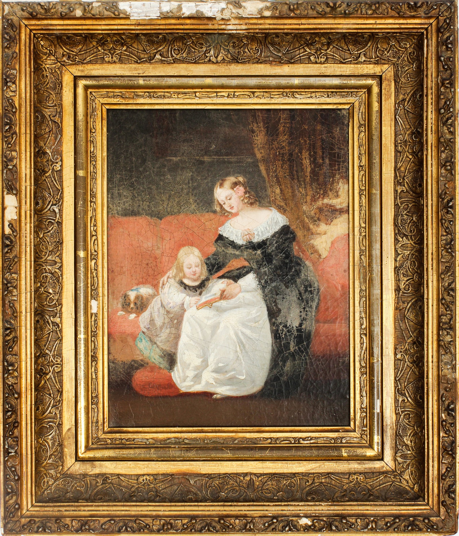 19th Century English School, Mother & Daughter With King Charles Spaniel, Oil on Canvas Painting (1 of 5)
