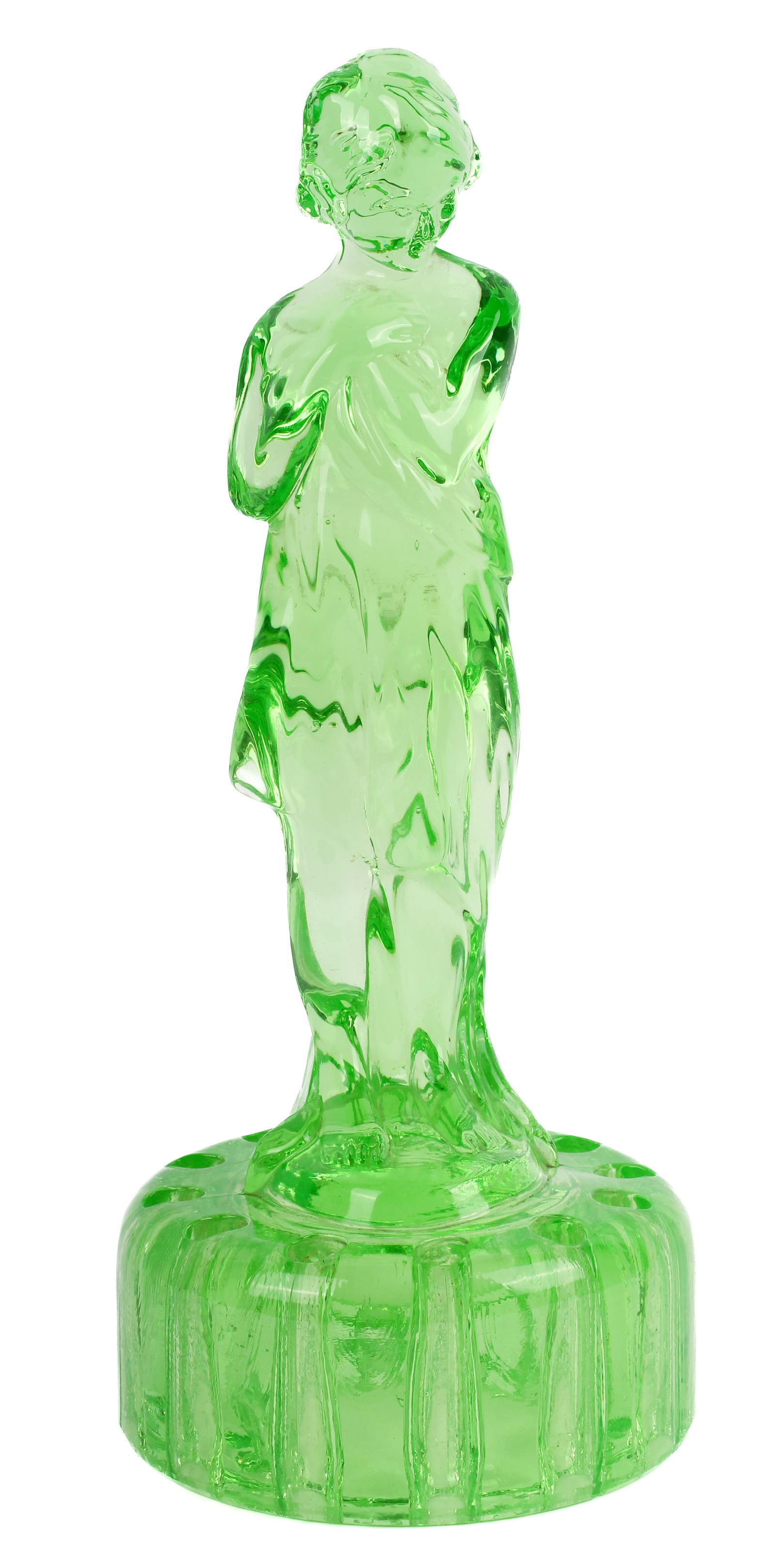 Cambridge 12.5" Green Uranium Glass Draped Lady Flower Frog (1 of 6)