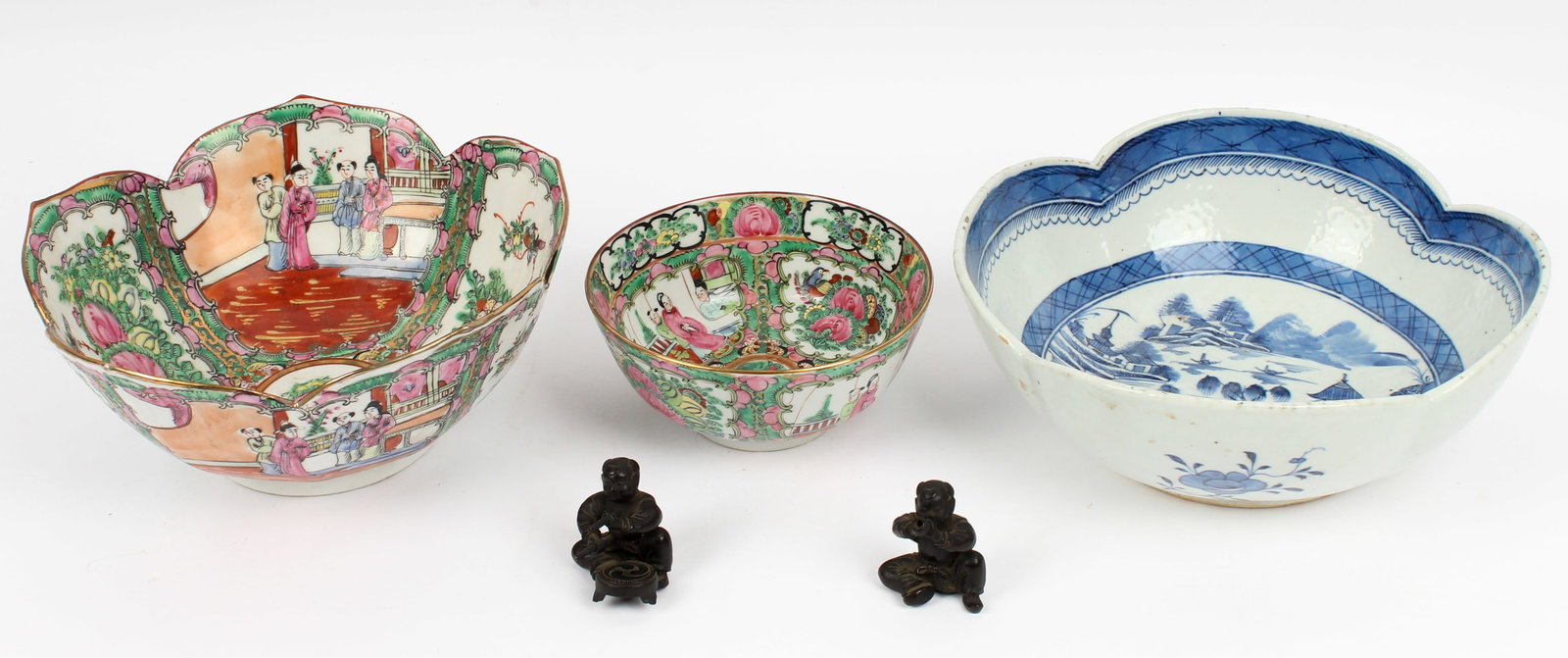 Chinese Blue Canton & Rose Medallion Porcelain Bowls, Japanese Bronze Figurines (1 of 8)