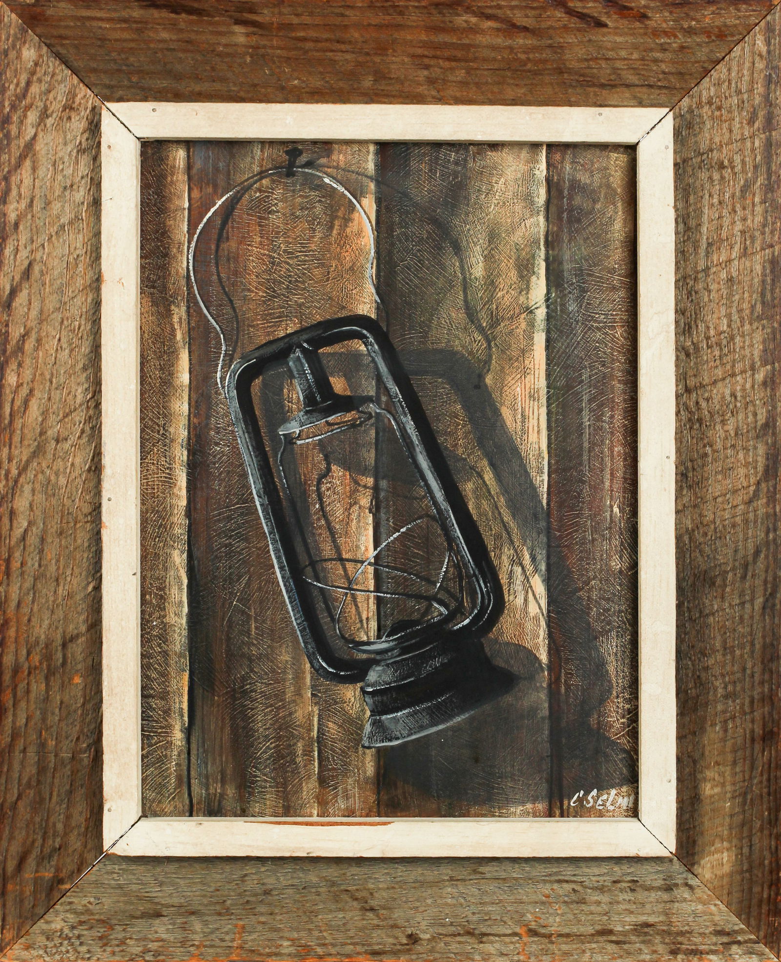 Charles R. Selmi (American, 1933-1995) Hanging Lantern, Oil on Masonite Painting: Description: An oil on masonite depicting a hanging lantern in a distressed wood frame by New England artist Chuck Selmi. SSelmi is noted primarily for his depictions of scenes from coastal Nantucket