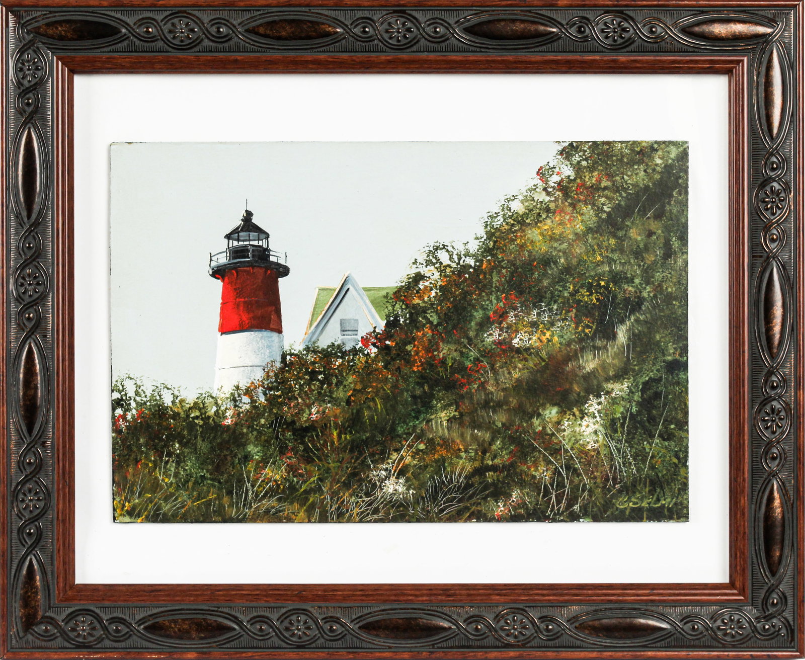 Charles R. Selmi (American, 1933-1995) Lighthouse, Oil on Masonite Painting: Description: An oil on masonite depicting a lighthouse among wildflowers by New England artist Chuck Selmi. Selmi is noted primarily for his depictions of scenes from coastal Nantucket / Massachussett