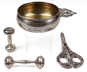 Sterling Silver Incl. Shears, Baby Rattles, Porringer