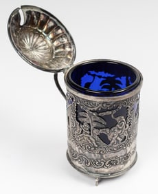Antique Hanau Silver Mustard Pot, Hawkes Cobalt Gass Insert
